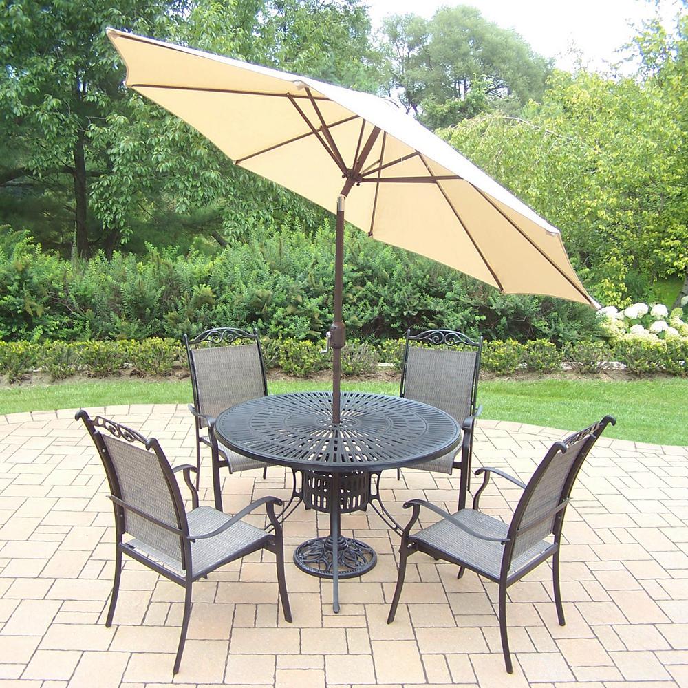Hampton Bay Statesville 7 Piece Padded Sling Patio Dining Set Black 7 Piece Aluminum Outdoor Dining Set And Beige Umbrella