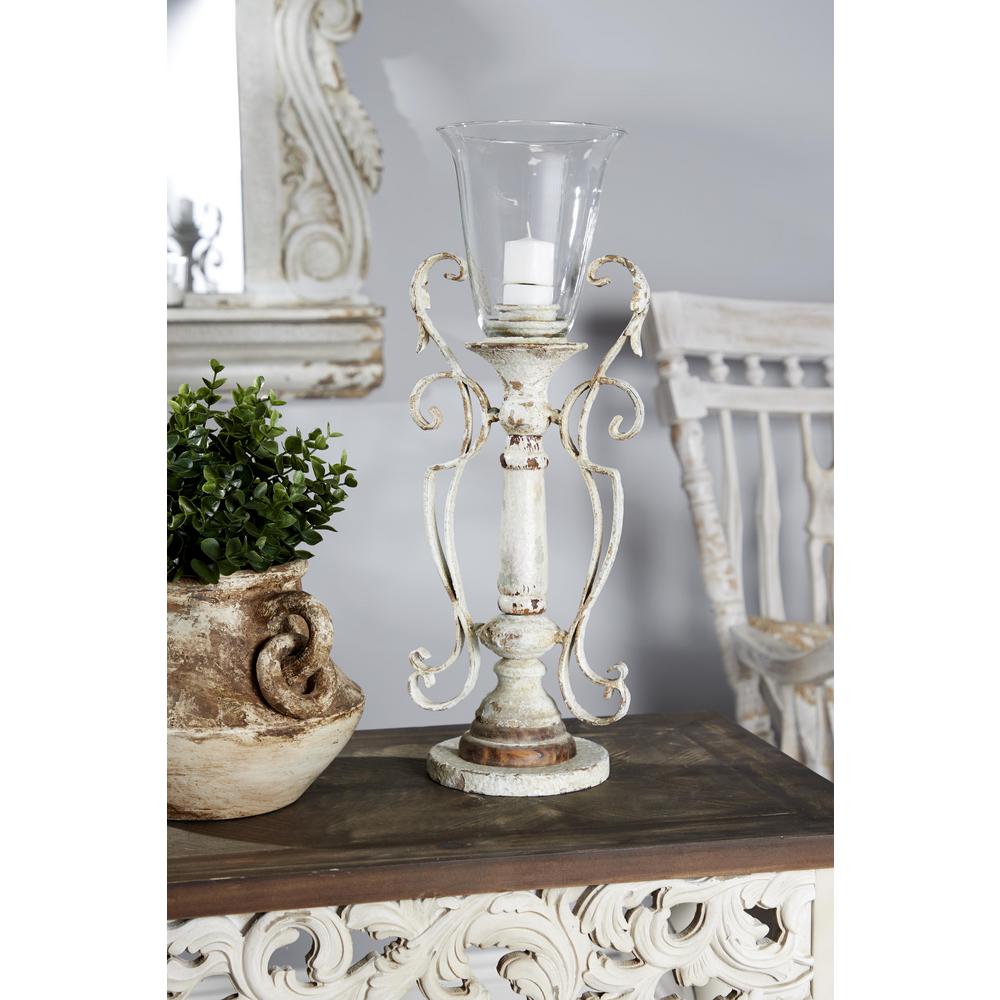 Litton Lane Distressed White Wood Glass And Metal Candle Holder 35467