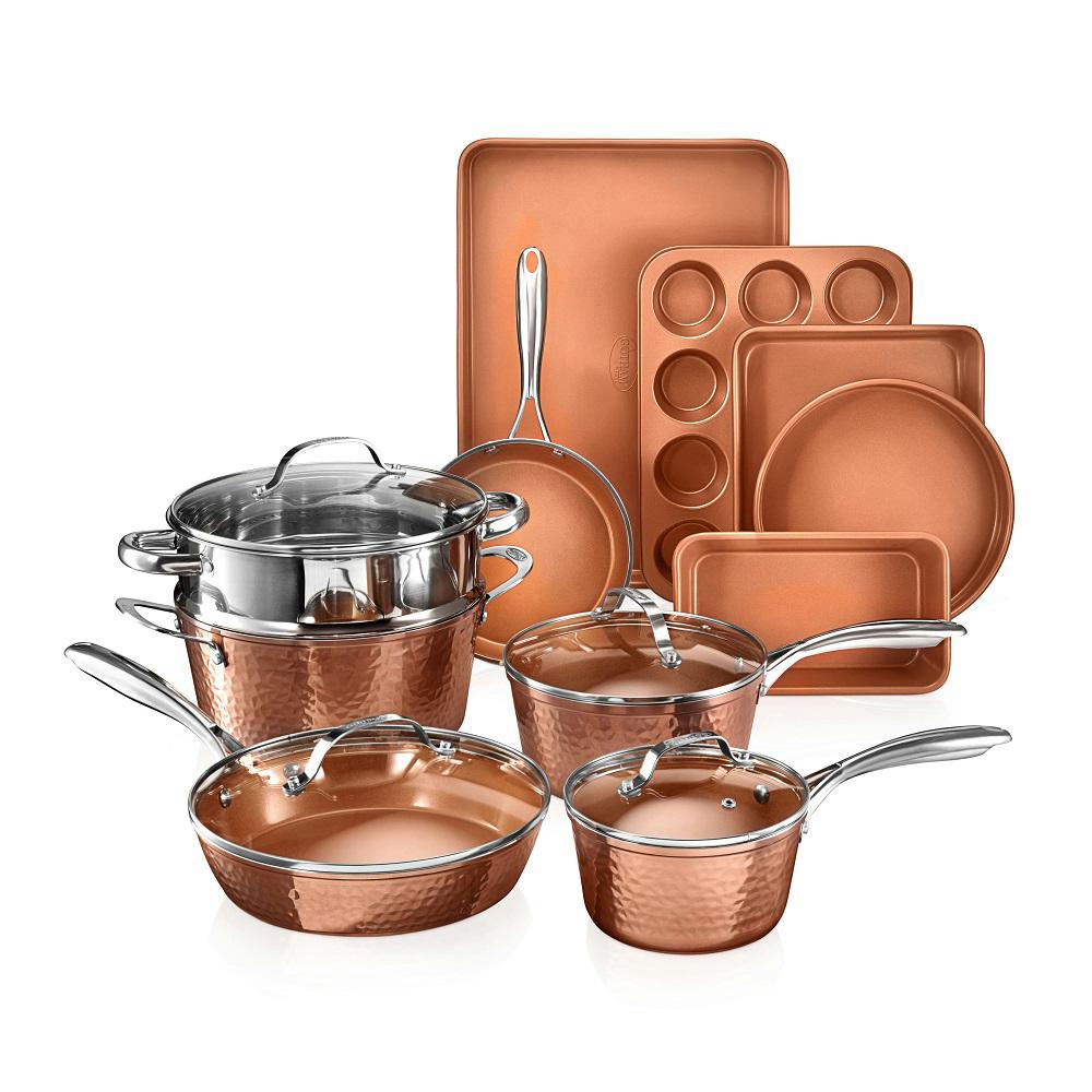 Gotham Steel Hammered Copper 15 Piece Aluminum Non Stick Cookware Set