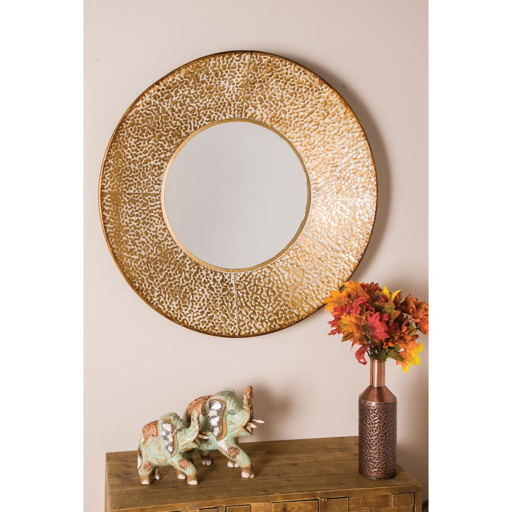 Litton Lane Round Textured Brown Framed Wall Mirror The Home Depot