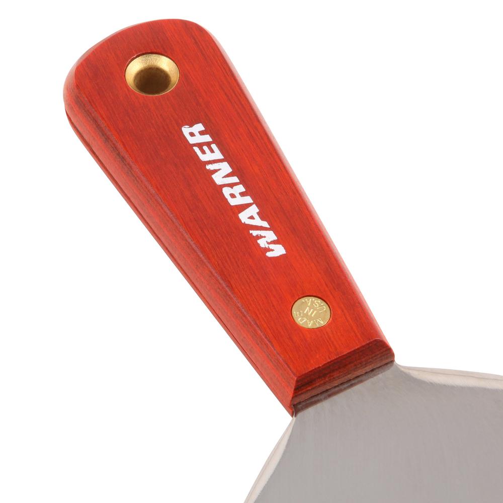 Putty knife featuring a laminated wood handle