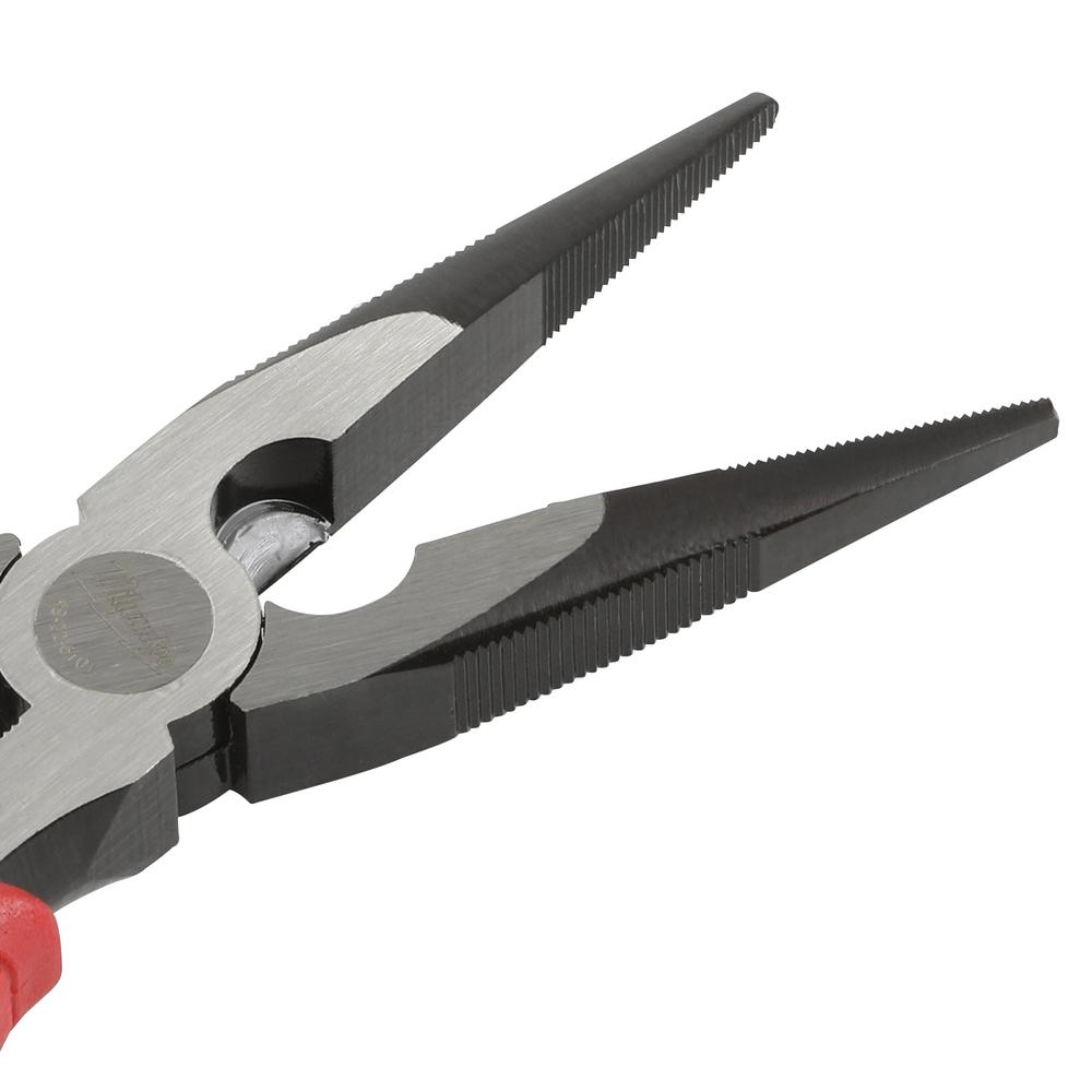 Long nose pliers featuring a ridged nose for a frim grip