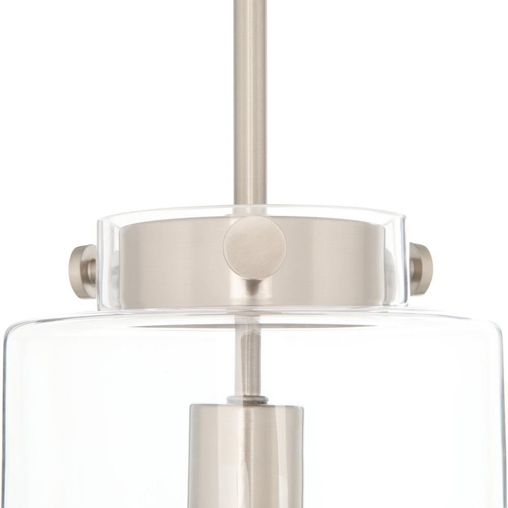 Pendant light completed with a brushed nickel finish Pendant light completed with a brushed nickel finish