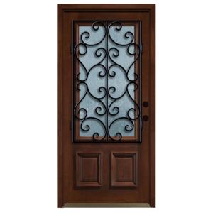 Decorative Iron Grille 3/4- Lite Stained Mahogany Wood Prehung Front Door