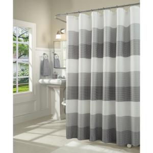 tan and white striped shower curtain