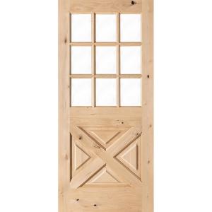 Rustic Knotty Alder 9-Lite Clear Glass with X-Panel Unfinished Wood Front Door Slab
