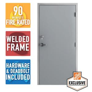 90 Min. Fire-Rated Gray Steel Prehung Commercial Door with Welded Frame, Deadlock and Hardware, Multiple Sizes Available