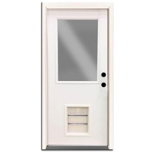 Element Series 1/2 Lite White Primed Steel Prehung Front Door with Extra Large Pet Door