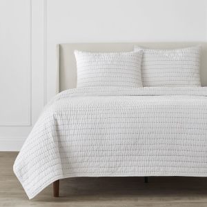 Bright White and Lake Blue Pick-Stitch Handcrafted Cotton Quilt Set