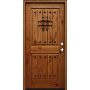 Rustic 2-Panel Square Top V-Grooved Stained Knotty Alder Prehung Front Door