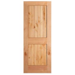 2-Panel Plank V-Groove Knotty Alder Veneer Solid Wood Interior Barn Door Slab