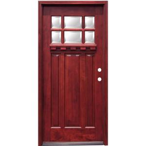 Craftsman 6 Lite Stained Mahogany Wood Prehung Front Door with Dentil Shelf 6 in. Wall Series
