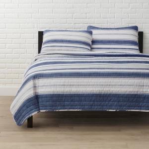 Lockwood 3-Piece Blue Printed Stripe Cotton Quilt Set
