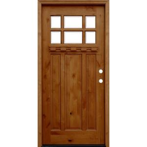 Craftsman Rustic 6 Lite Stained Knotty Alder Wood Prehung Front Door w/ 6 in. Wall Series & Dentil Shelf