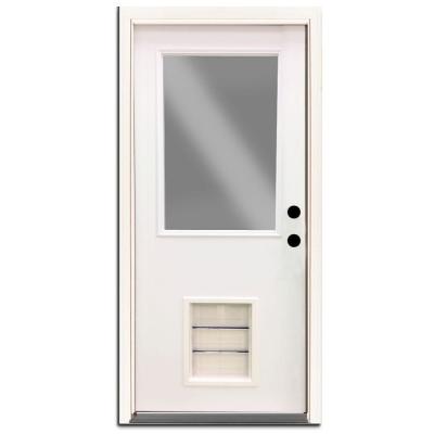 Premium 1/2 Lite Primed White Steel Prehung Front Door with Extra Large Pet Door