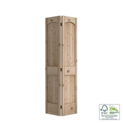 2-Panel Arch Top V-Groove Knotty Pine Bi-Fold Door with Hardware Included