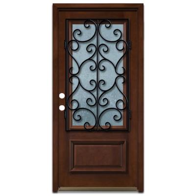 Decorative Iron Grille 3/4- Lite Stained Mahogany Wood Prehung Front Door