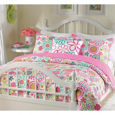 Flower Power Floral Bloom Multi-Color Pink Blue Green Orange Poly Cotton Quilt Bedding Set and Throw Pillow