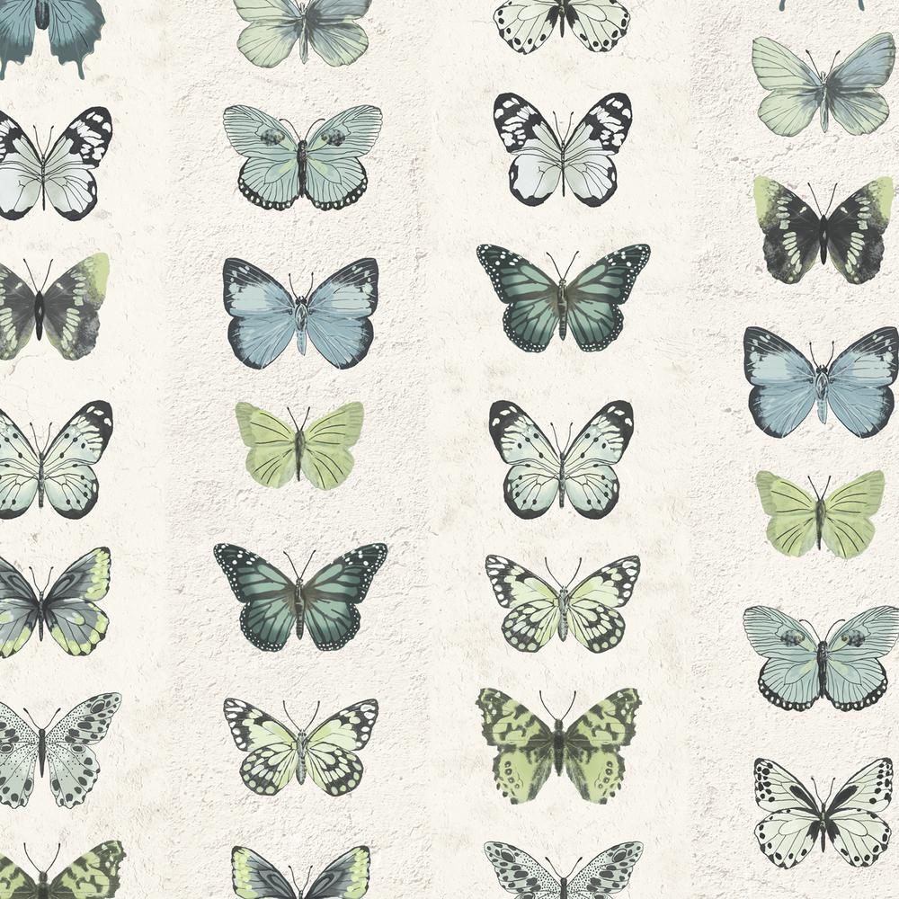 Green Blue Beige Black And Lime Jewel Butterflies Striped Wallpaper