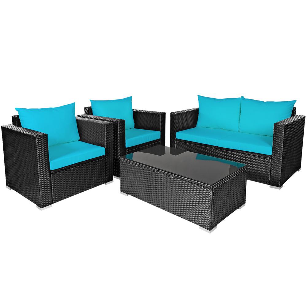 Costway Black 4-Piece Wicker Patio Conversation Set with Turquoise ...