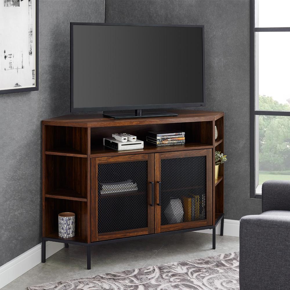 Welwick Designs 48 in. Dark Walnut Composite Corner TV Stand Fits TVs ...