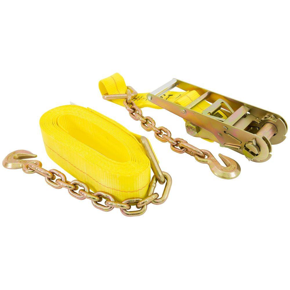 30 ft. x 3 in. x 5,000 lbs. Ratchet Tie-Down with Chain Ends and Grab Hook 30 ft. x 3 in. x 5,000 lbs. Ratchet Tie-Down with Chain Ends and Grab Hook