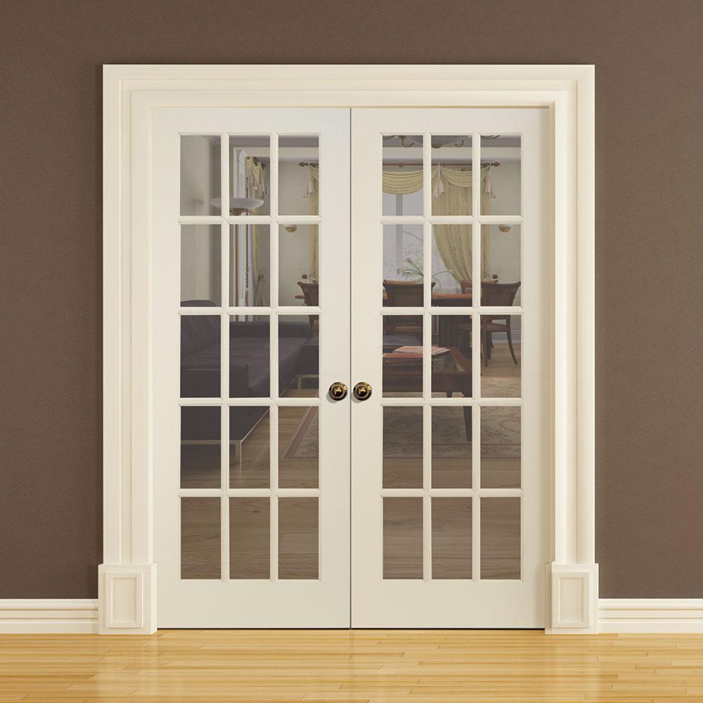 Lucia 2555 Matte White Closet Bedroom Sturdy Doors Wood Solid Panel Frame Trims Solid French Double Doors 72 x 80 inches Clear Glass 3 Lites