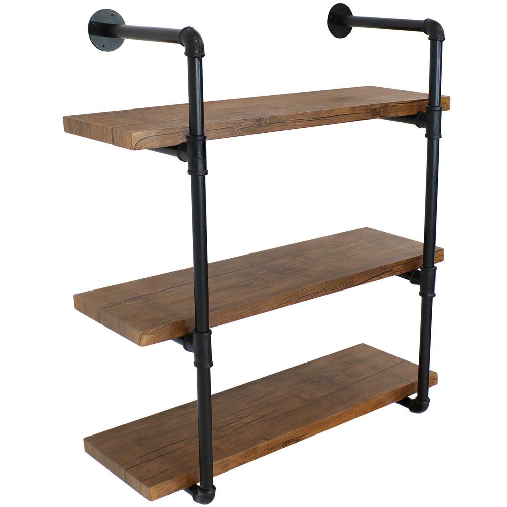 Sunnydaze Decor 34.50 in. Teak Industrial Style 3-Tier Wall Bookshelf - Black Pipe Frame, Brown