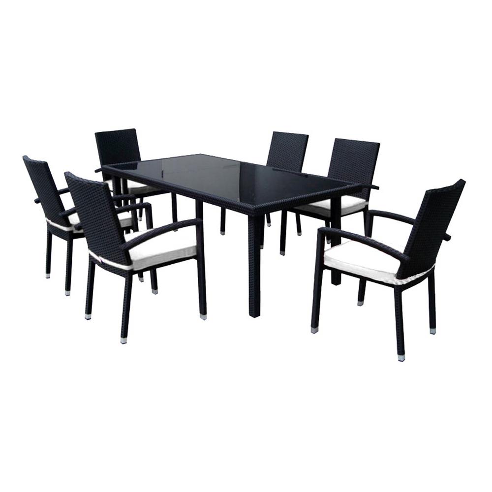 Cc Outdoor Living 7 Piece Black Resin Wicker Outdoor Furniture Patio Dining Set With White Cushions 28642829 The Home Depot