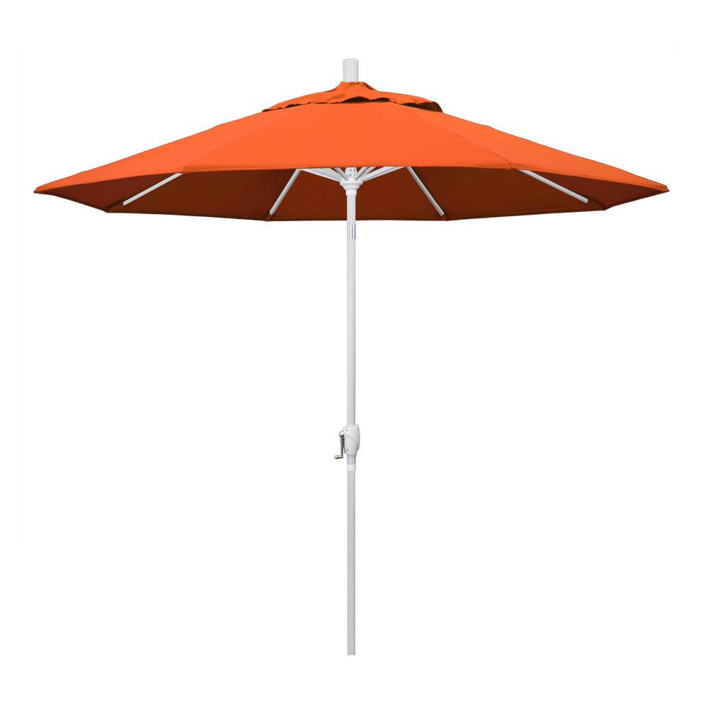 California Umbrella 9 Ft Matted White Aluminum Push On Tilt Crank Lift Market Patio In Tangerine Sunbrella