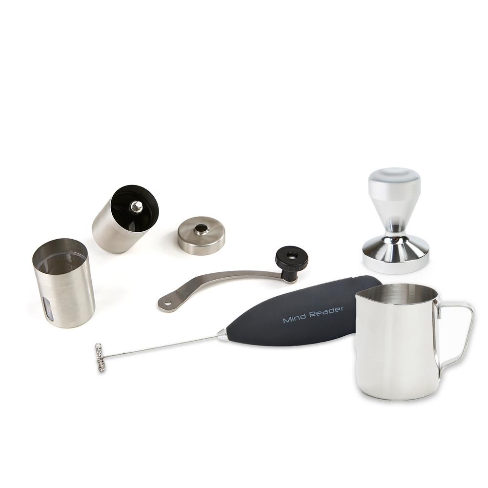 Mind Reader Coffee 4 Piece Tamper Frother Pitcher Grinder Mind Reader Coffee 4 Piece Tamper Frother Pitcher Grinder Stainless