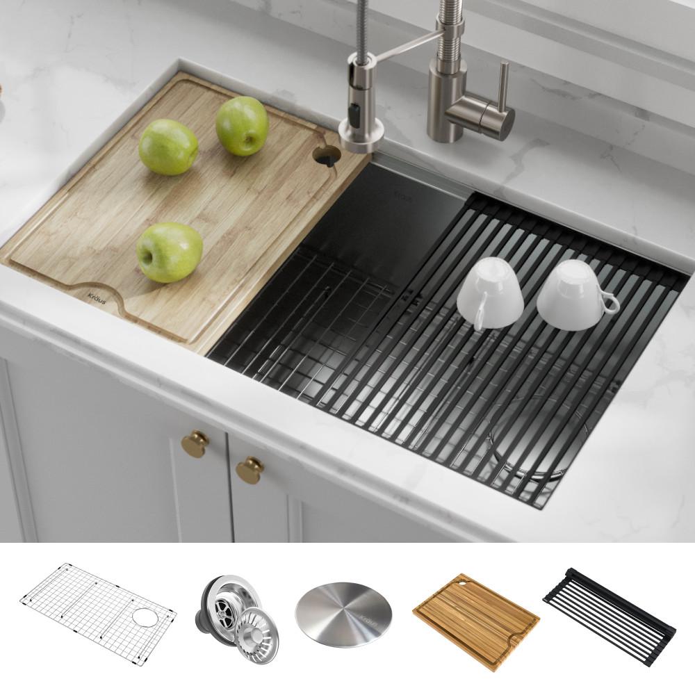 Kore Workstation 32 In 16 Gauge Undermount Single Bowl Stainless Steel Kitchen Sink W Integrated Ledge And Accessories
