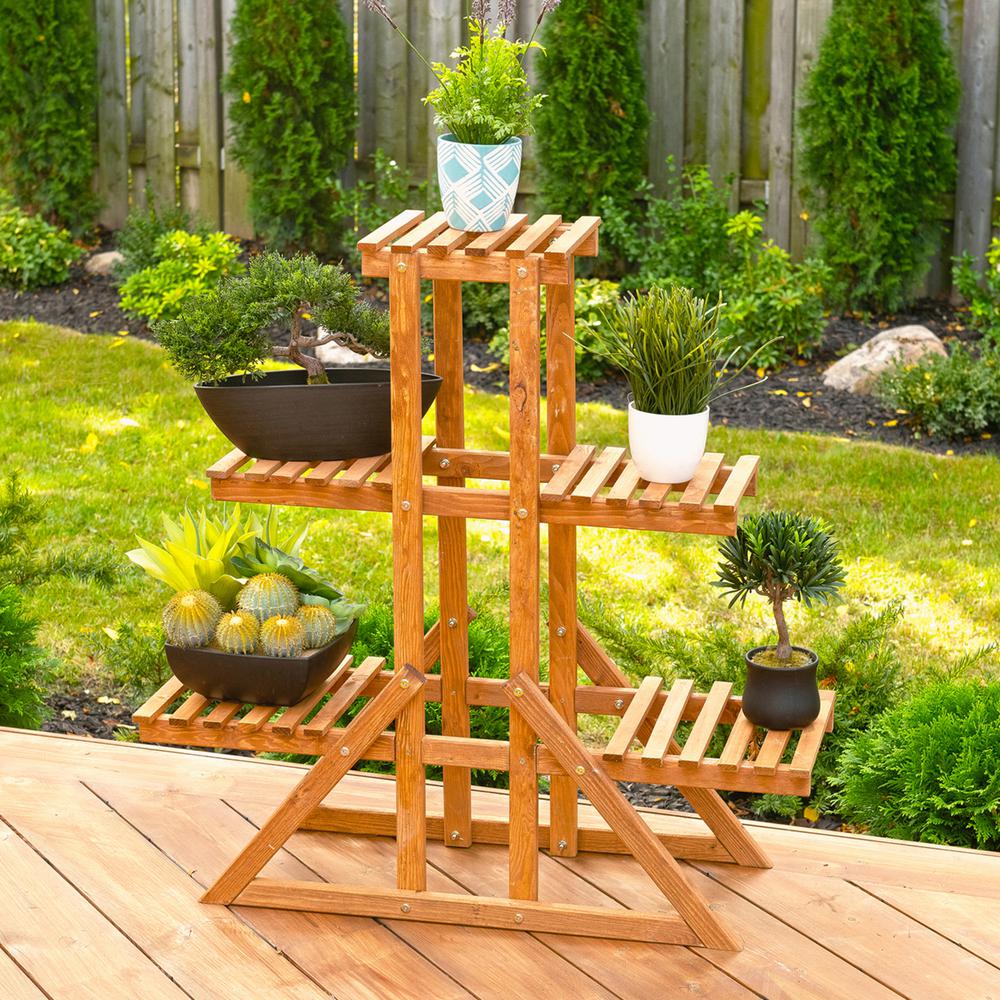 Leisure Season 34 in. W x 11 in. D x 34 in. H Brown Wooden 3-Tier Indoor Outdoor Plant Stand 