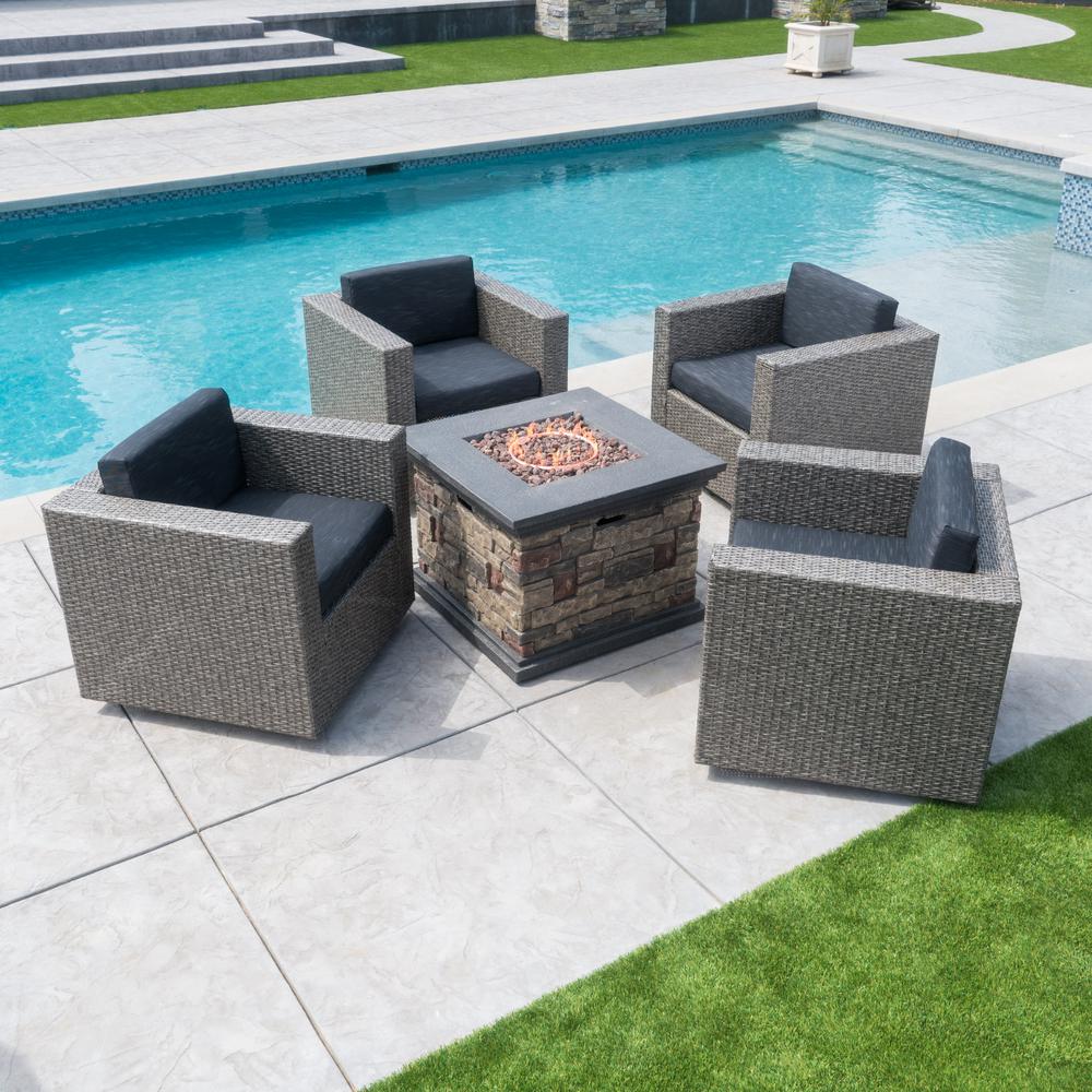 Noble House Puerta Black 4 Piece Wicker Patio Fire Pit Seating Set Noble House Puerta Black 4 Piece Wicker Patio Fire Pit Seating Set With Dark Grey Water Resistant Cushions