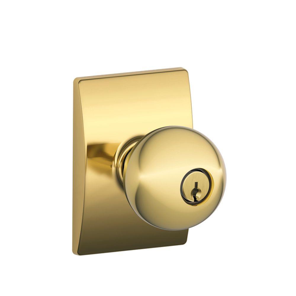Schlage Orbit Bright Brass Keyed Entry Door Knob with Century TrimF51A