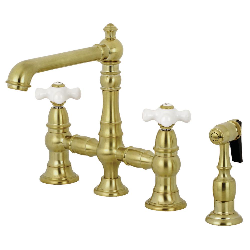 Kingston Brass English Country 2 Handle Bridge Kitchen Faucet With English Country 2 Handle Bridge Kitchen Faucet With Side Sprayer In Satin Brass
