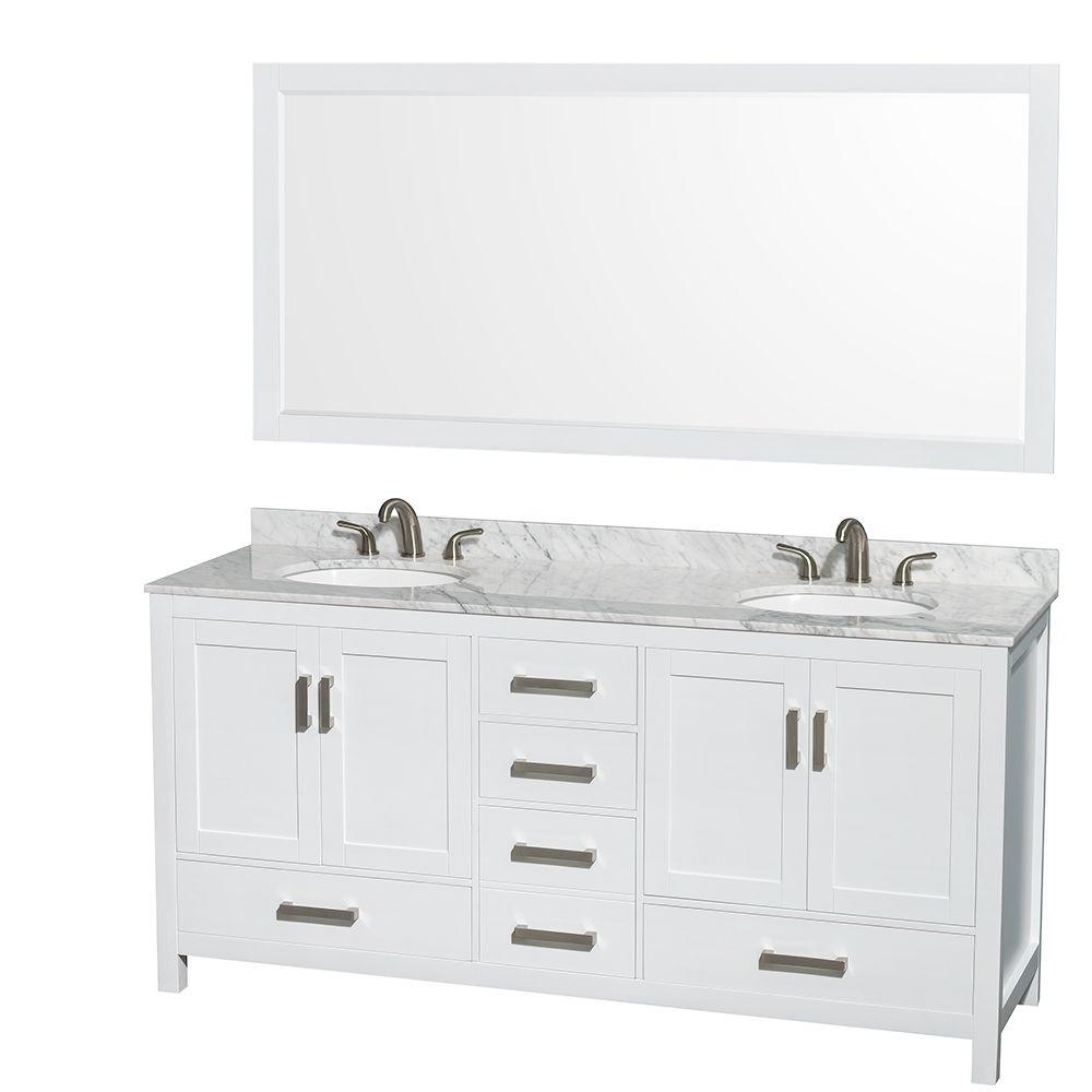 Wyndham Collection Sheffield 72 In Double Vanity White With Marble Top Carrara And 70 Mirror
