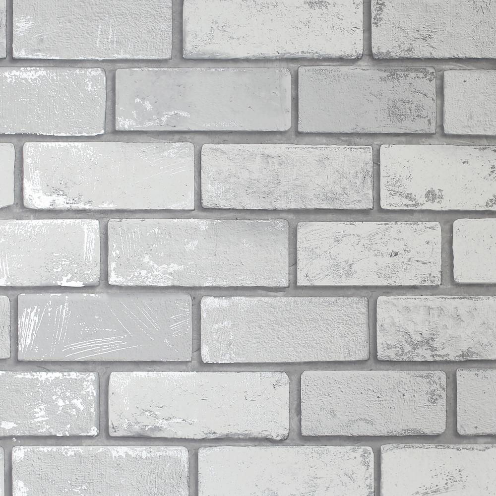 Arthouse Metallic Brick White Silver Wallpaper 692201 The Home Depot