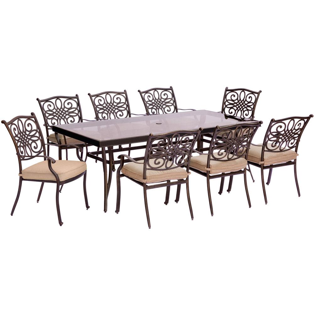 Hanover Traditions 9 Piece Aluminum Outdoor Dining Set With Rectangular Glass Top Table Natural Oat Cushions