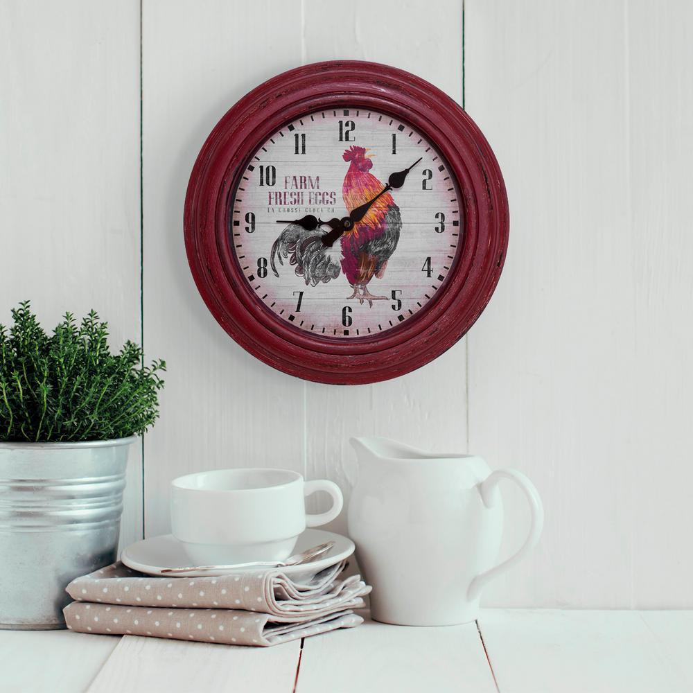 La Crosse Technology 12 in. Round Distressed Red Rooster Analog Wall