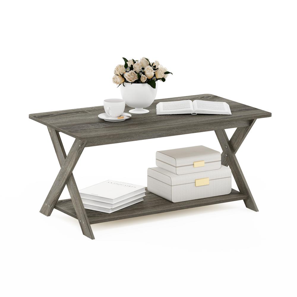 Furinno Modern Simplistic 35.43 in. French Oak Grey 15.98 in. Rectangle Wood Coffee Table with Shelf