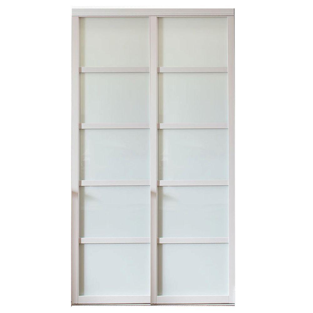 Contractors Wardrobe 60 In X 96 In Tranquility Glass Panels Back Painted White Wood Frame Interior Sliding Door