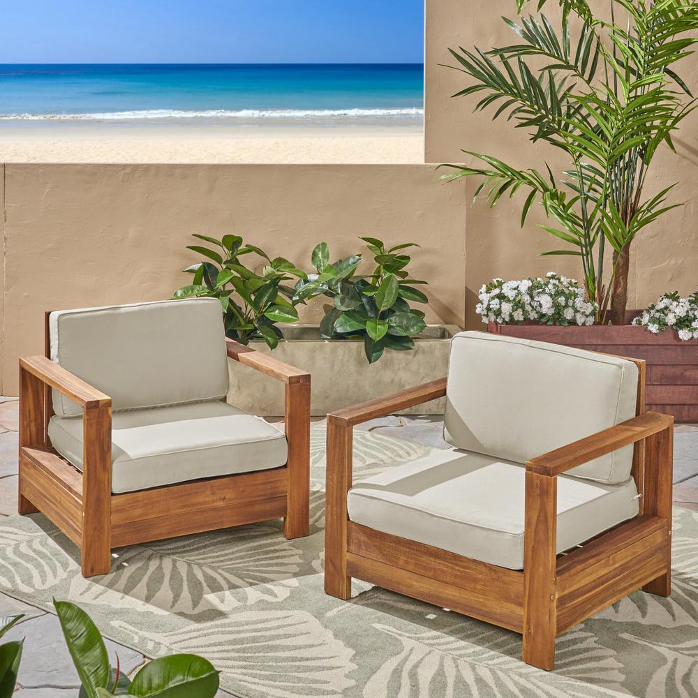Noble House Devon Brushed Brown Patina Wood Outdoor Lounge Chairs With Light Beige Cushions 2 Pack 54108 The Home Depot