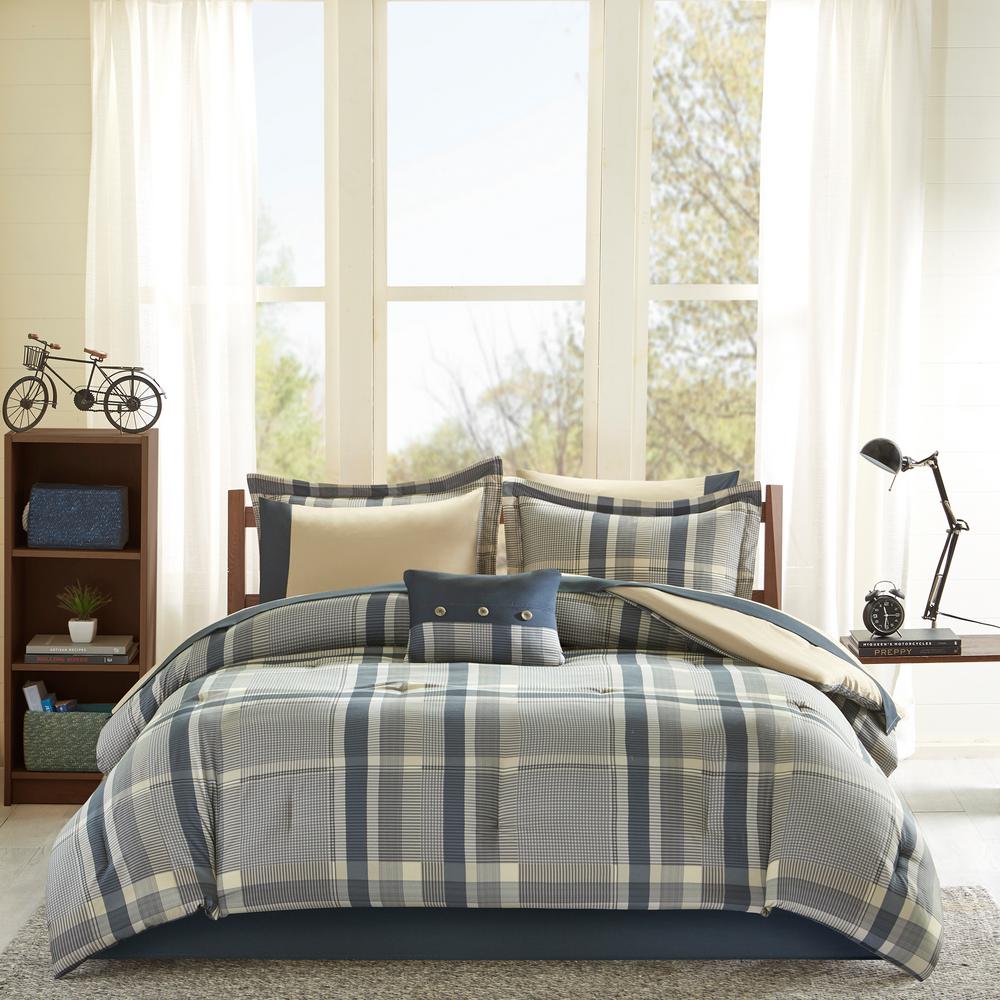 Twin XL Full Queen Bed Bag Blue White Gray Stripe Sporty 7pc Comforter Sheet Set