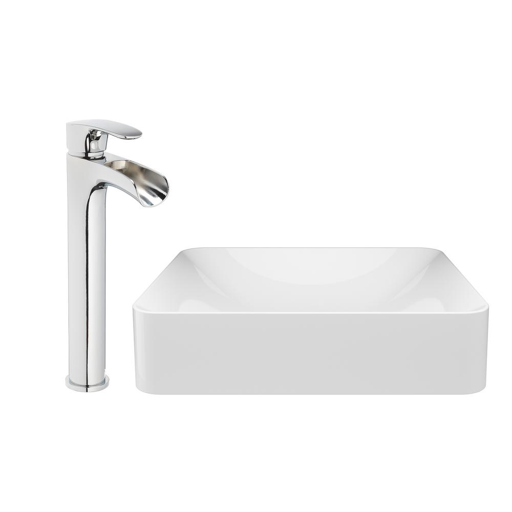 Jacuzzi 17 68 In Solid Surface Vessel Bathroom Sink Rectangular Basin In White With Vessel Filler Faucet Pop Drain Included