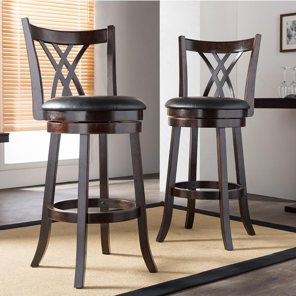Baxton Studio Bloomfield Black Faux Leather and Dark Brown Wood 2-Piece Bar Stool Set