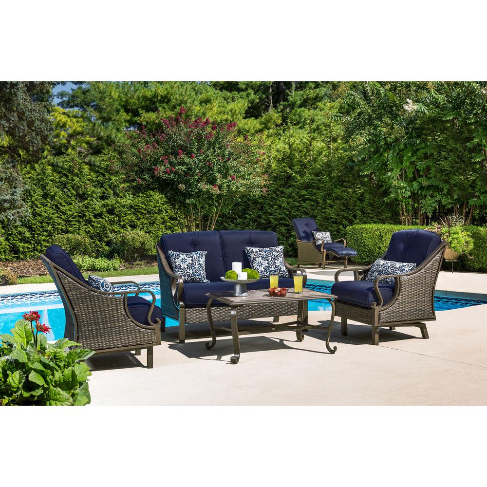 Envelor Hanover Ventura 4 Piece Steel Patio Conversation Set With Navy Blue Cushions