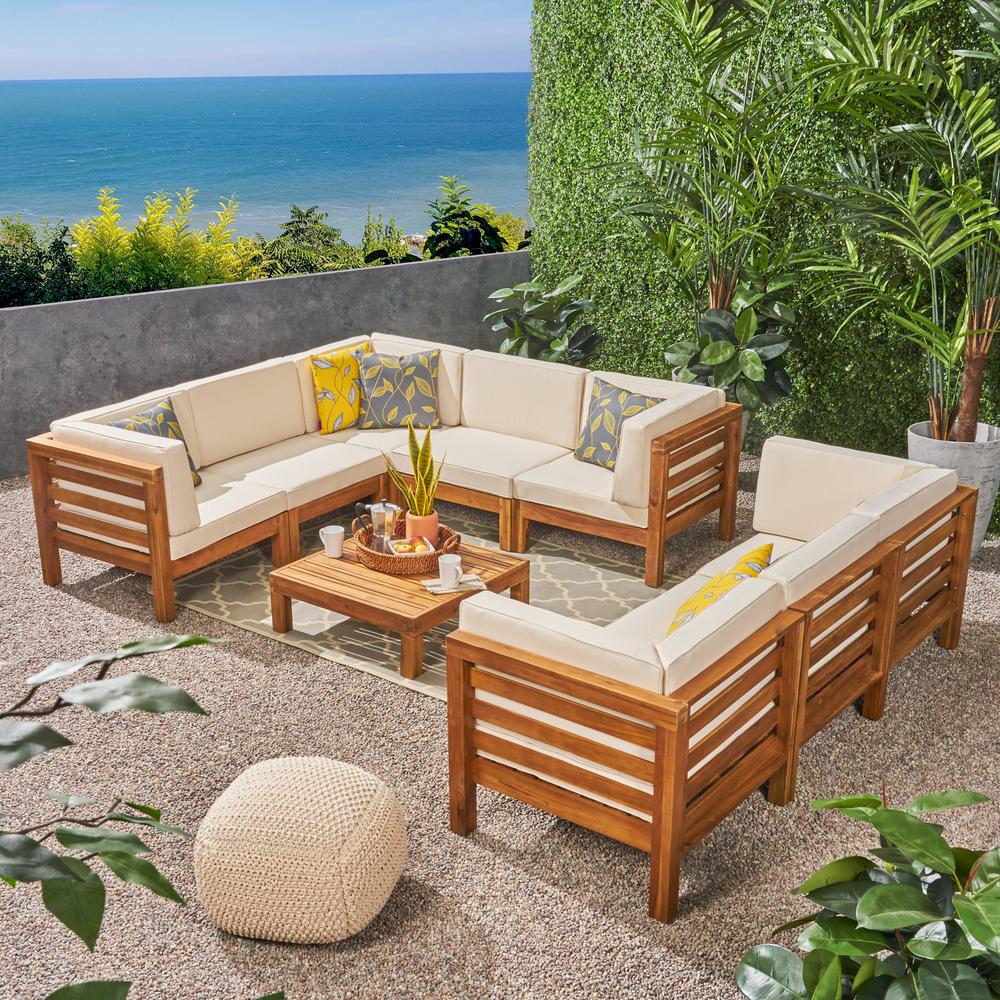 Le House Jonah Teak Finish 9 Piece Wood Outdoor Sectional Sofa Set With Beige Cushions 55038 The Home Depot