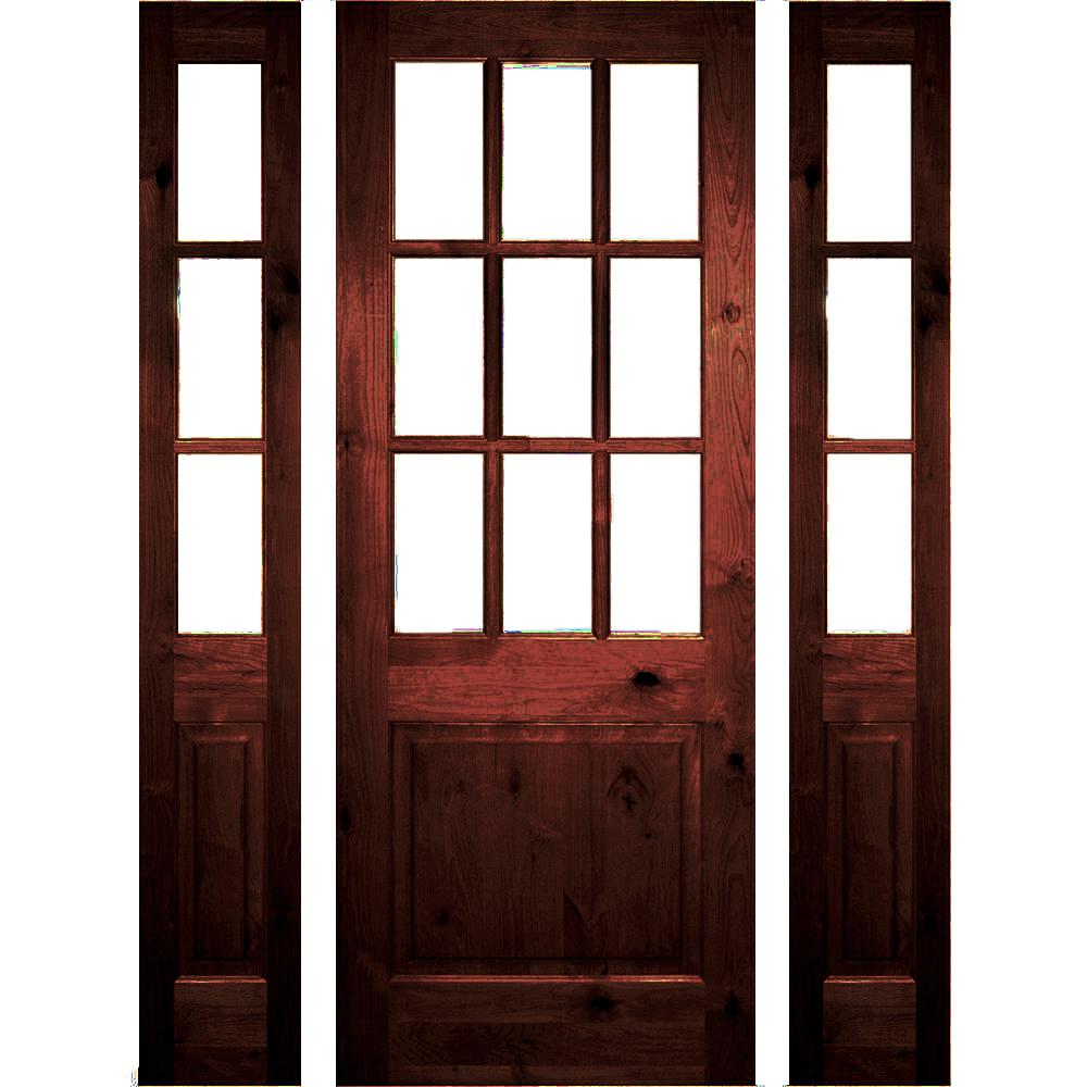 Krosswood Doors 64 In X 96 In Rustic Knotty Alder Clear 9 Lite Red Chestnut Stain Wood Left Hand Single Prehung Front Door Sidelites