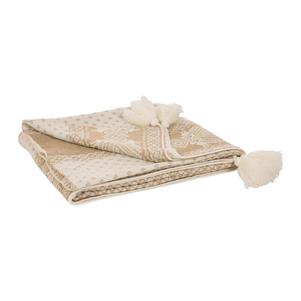 Glitzhome 60 In H Knitted Christmas Throw Blanket With Tassels In Gold And Beige Snowflake 1126202623 The Home Depot